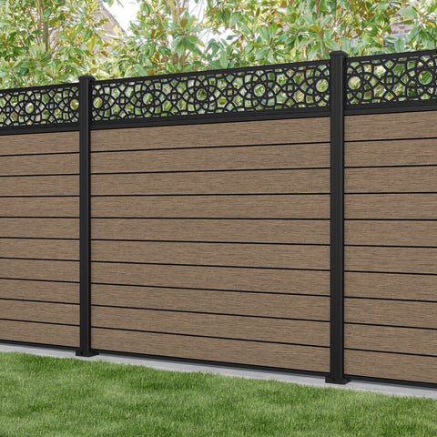 Fusion Ambar Fence Panel - Teak - with our aluminium posts