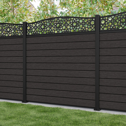 Fusion Ambar Curved Top Fence Panel - Dark Oak - with our aluminium posts