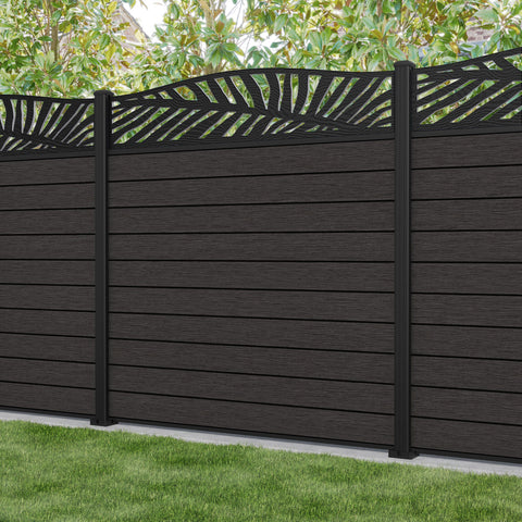 Fusion Palm Curved Top Fence Panel - Dark Oak - with our aluminium posts