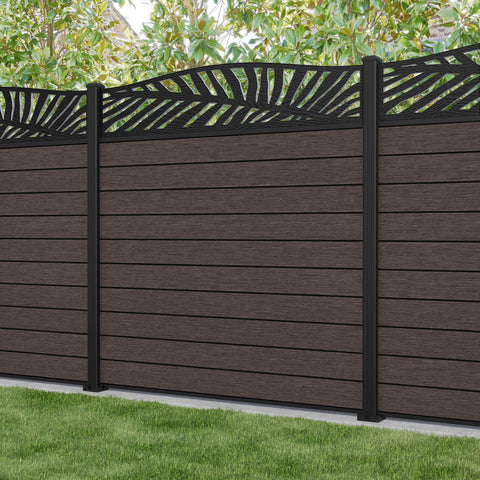 Fusion Palm Curved Top Fence Panel - Mid Brown - with our aluminium posts