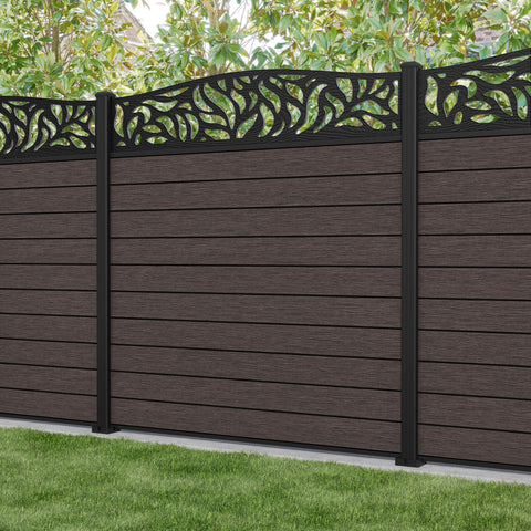 Fusion Plume Curved Top Fence Panel - Mid Brown - with our aluminium posts