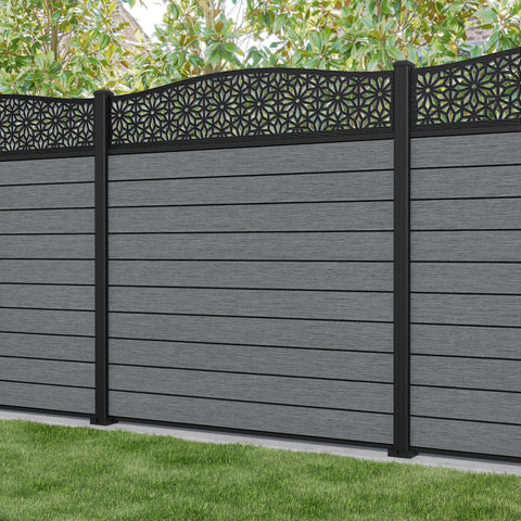 Fusion Narwa Curved Top Fence Panel - Mid Grey - with our aluminium posts