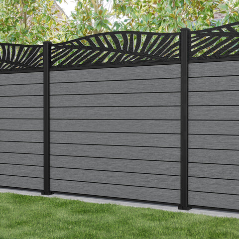 Fusion Palm Curved Top Fence Panel - Mid Grey - with our aluminium posts
