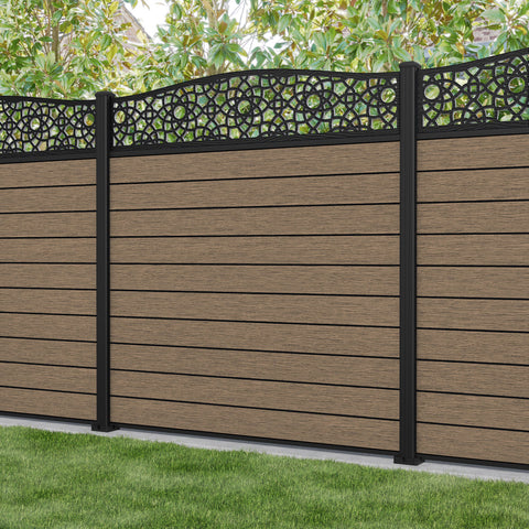 Fusion Ambar Curved Top Fence Panel - Teak - with our aluminium posts