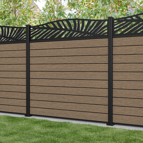 Fusion Palm Curved Top Fence Panel - Teak - with our aluminium posts