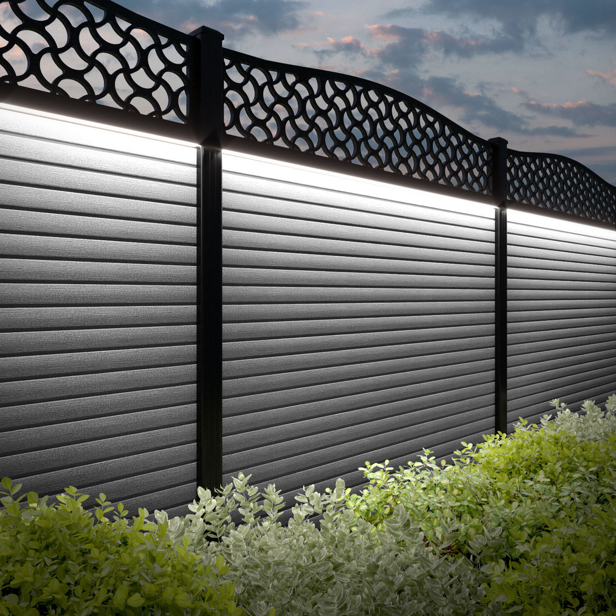 Hudson Vida Curved Top Fence Panel - Light Grey - with our aluminium p ...